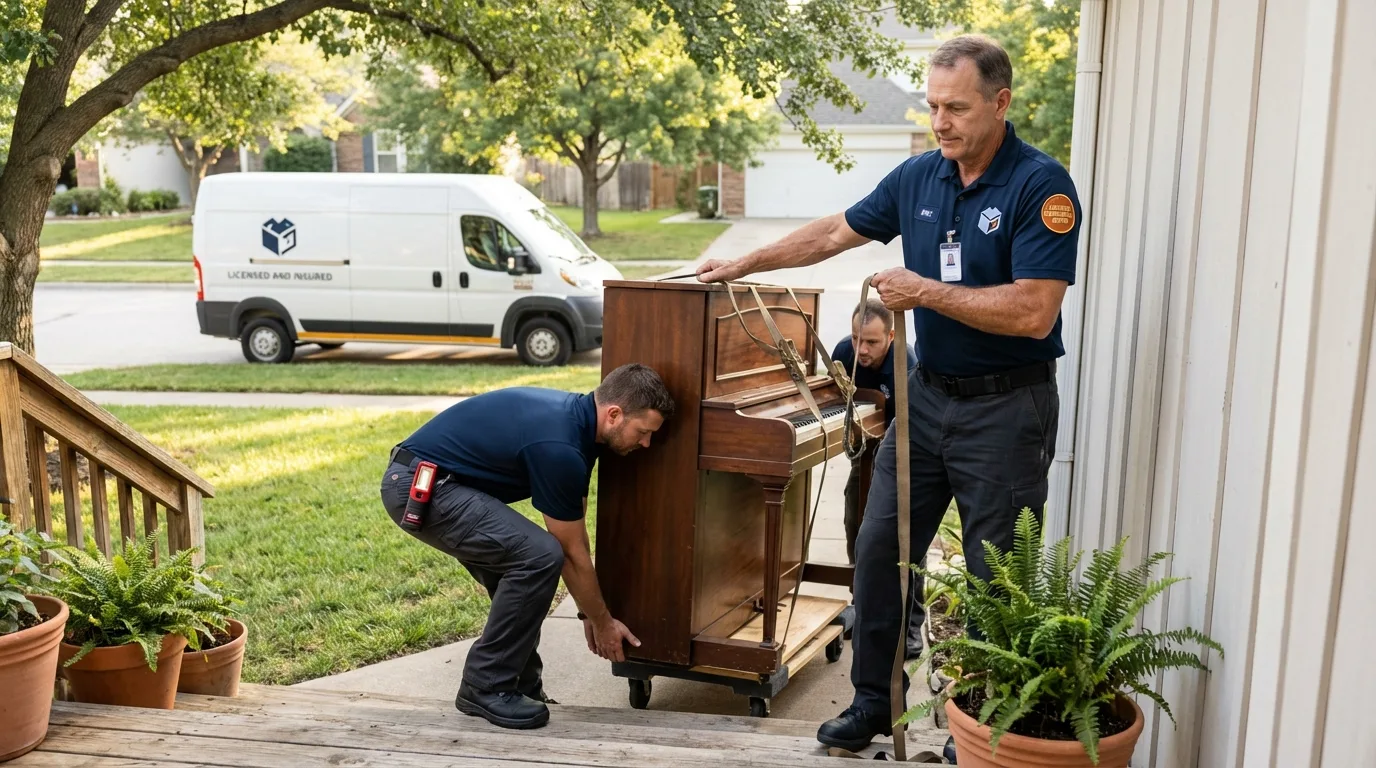 Licensed piano movers securing grand piano in Elwood, NE