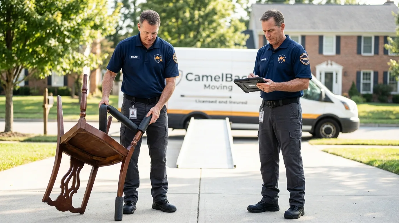 Movers inspecting furniture for damage prevention before loading in Elwood, NE