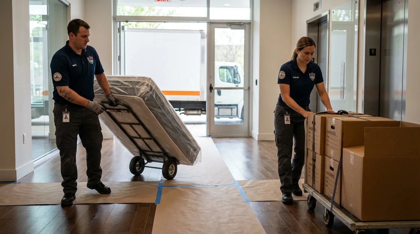 Professional apartment movers loading elevator in Elwood, NE